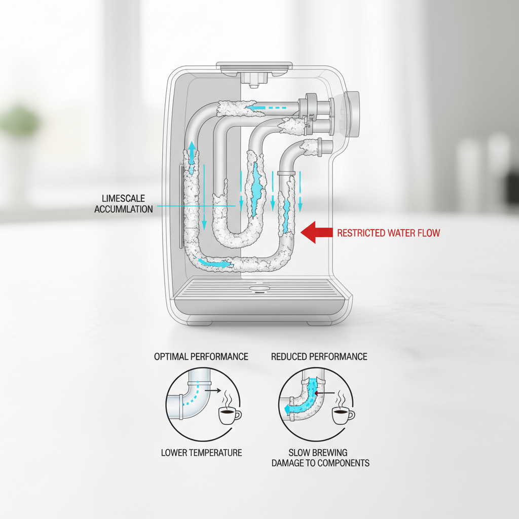 A diagram illustrating limescale buildup inside a coffee machine's heating element and pipes, showing restricted water flow and damaged components, in a professional, clear infographic style.