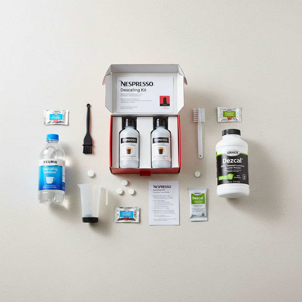 An array of commercial coffee machine descaling solutions and kits from various brands like Nespresso, Keurig, and Urnex, neatly arranged on a clean countertop.