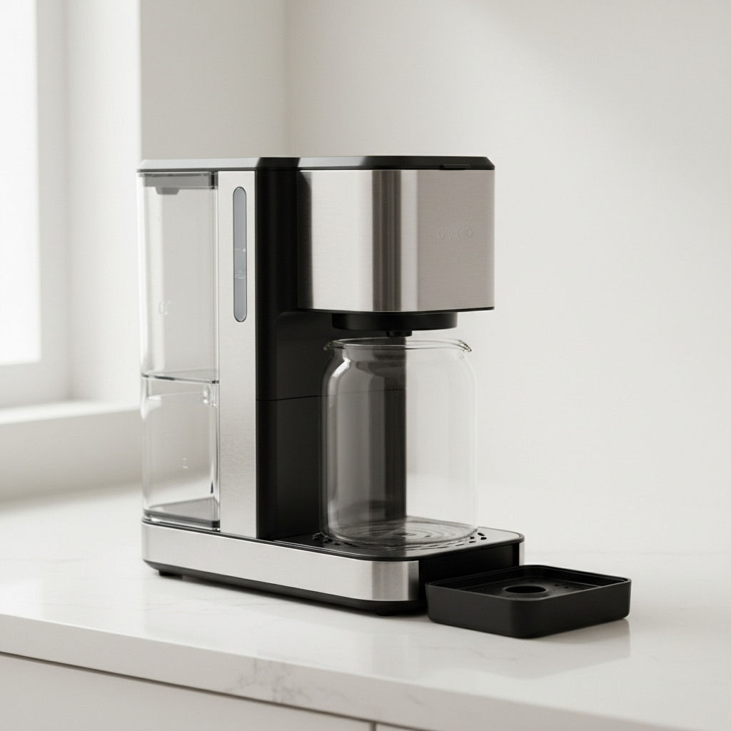 A clean coffee machine ready for descaling, with its water reservoir empty and drip tray removed, on a kitchen counter.