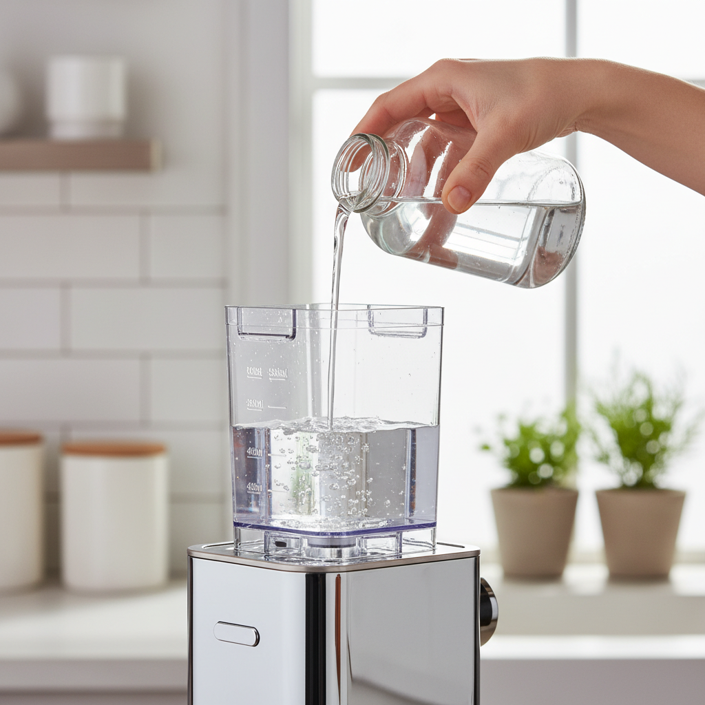 Hands pouring a mixed descaling solution (clear liquid) into the water reservoir of a coffee machine, with clear markings on the reservoir.