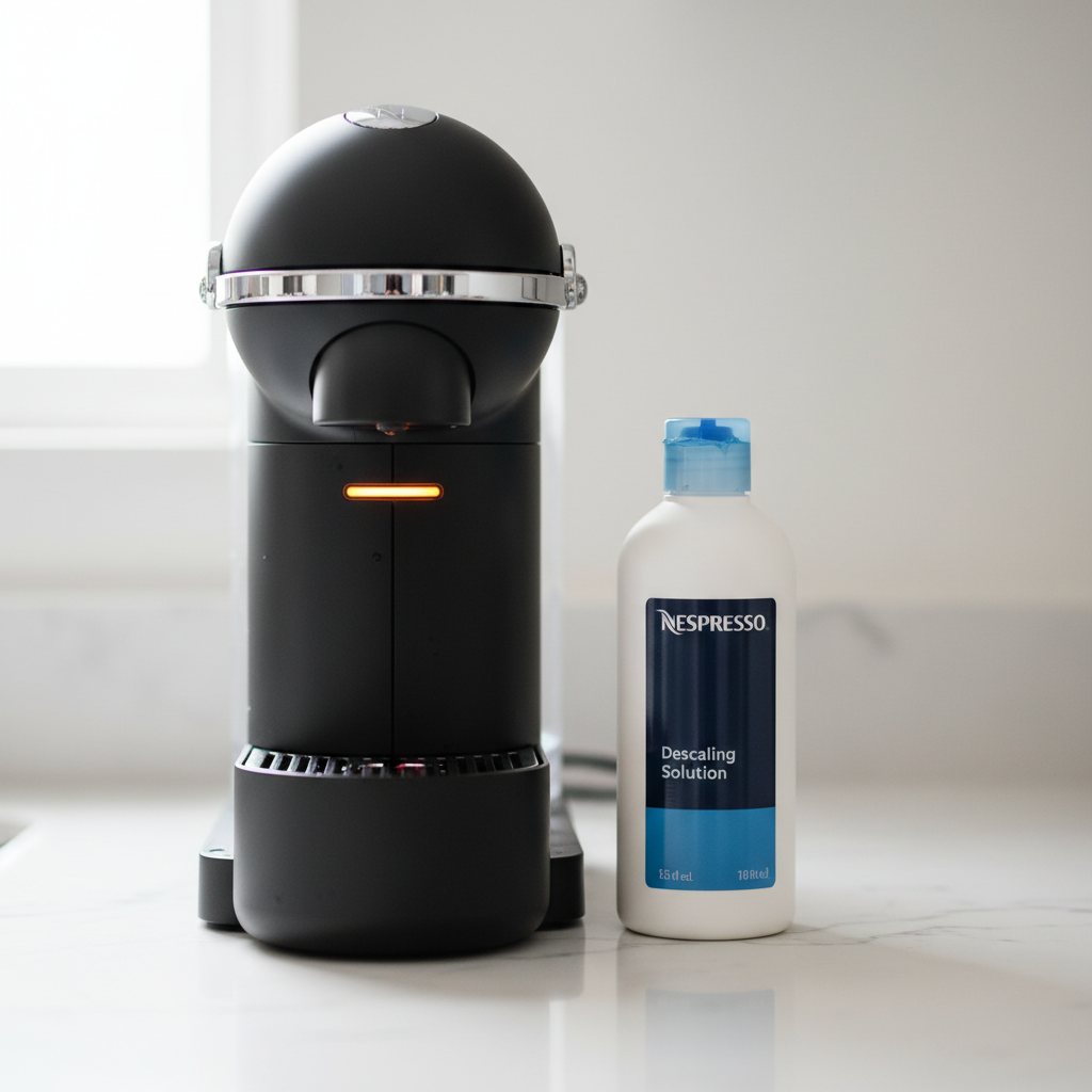 A Nespresso Vertuo machine displaying its descaling light, with a Nespresso descaling solution bottle next to it, indicating readiness for the process.