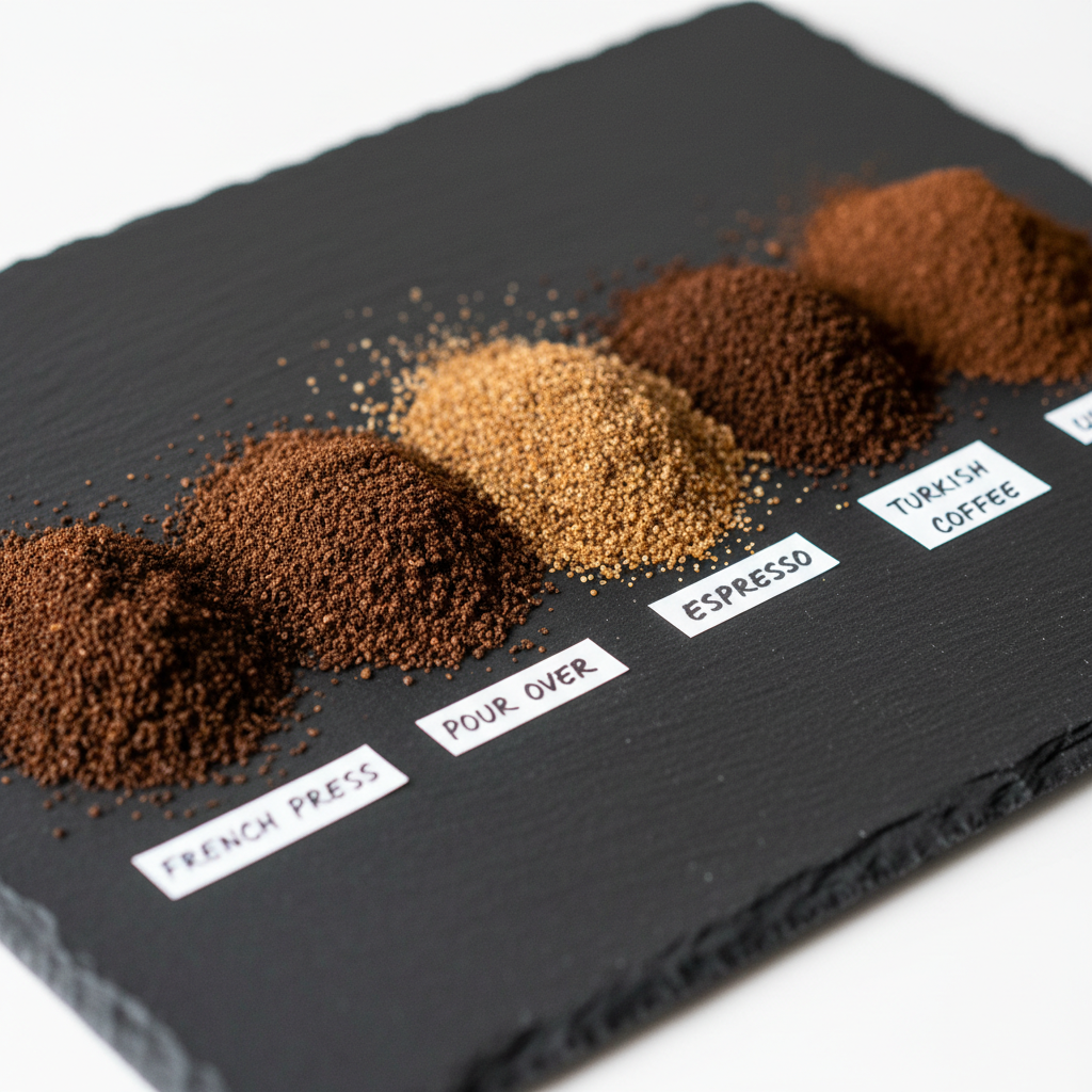 A close-up shot of various coffee grind sizes ranging from very coarse to very fine, laid out on a dark surface with labels for different brewing methods like French Press, Pour Over, and Espresso.
