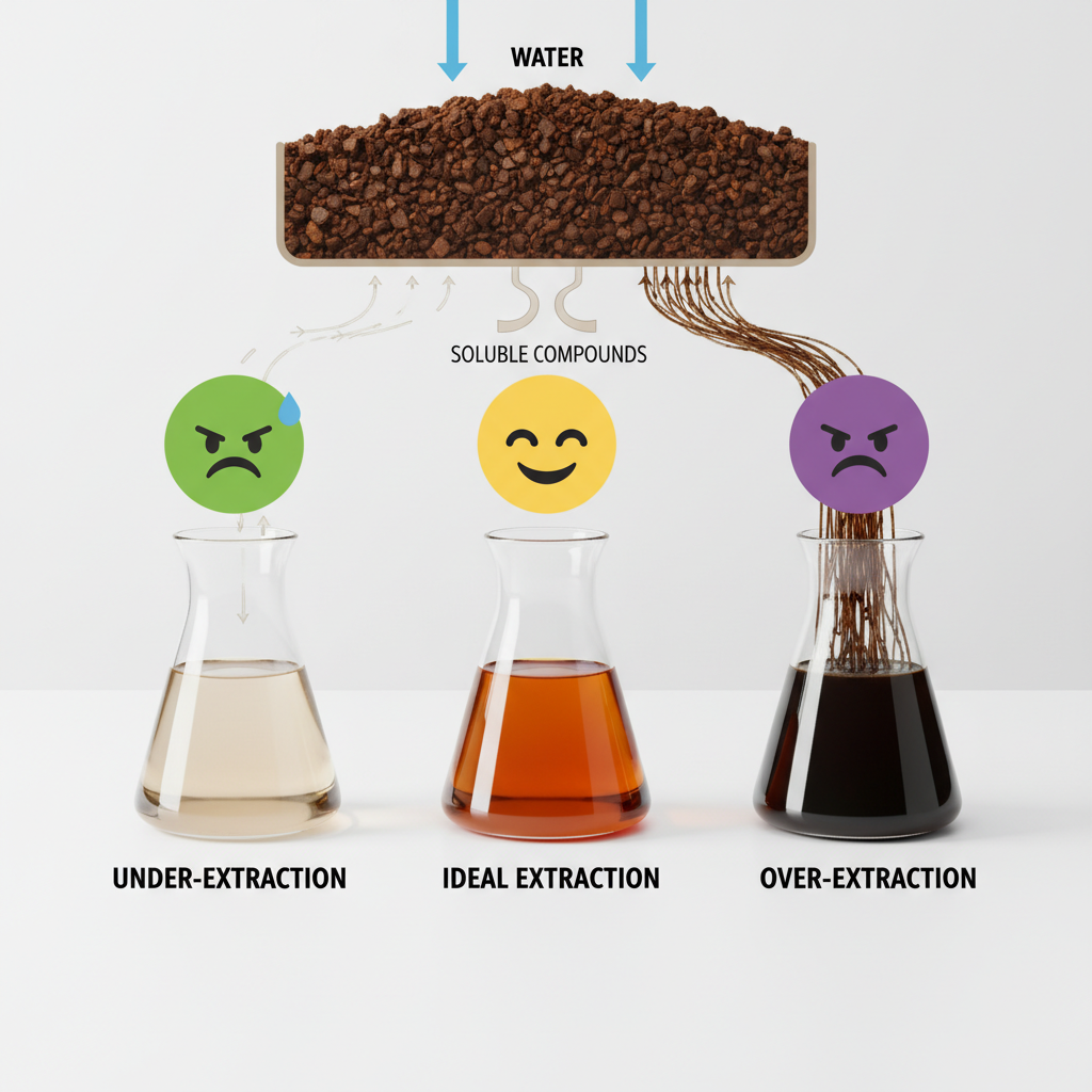 A visual diagram illustrating coffee extraction stages, showing soluble compounds dissolving from coffee grounds over time, with labels for under-extraction (sour), ideal extraction (balanced), and over-extraction (bitter).