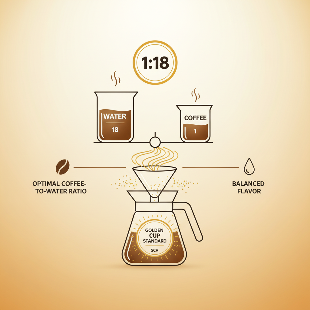 A visual representation of the SCA Golden Cup Standard with optimal coffee-to-water ratio highlighted, possibly with a diagram showing a balanced extraction curve.