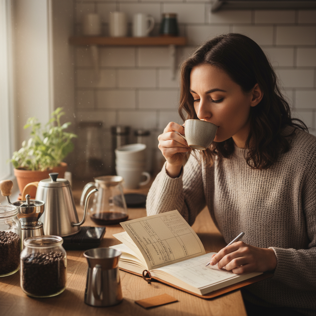A home barista tasting a freshly brewed coffee and making notes in a logbook, illustrating the process of 'dialing in' and adjusting brew parameters.