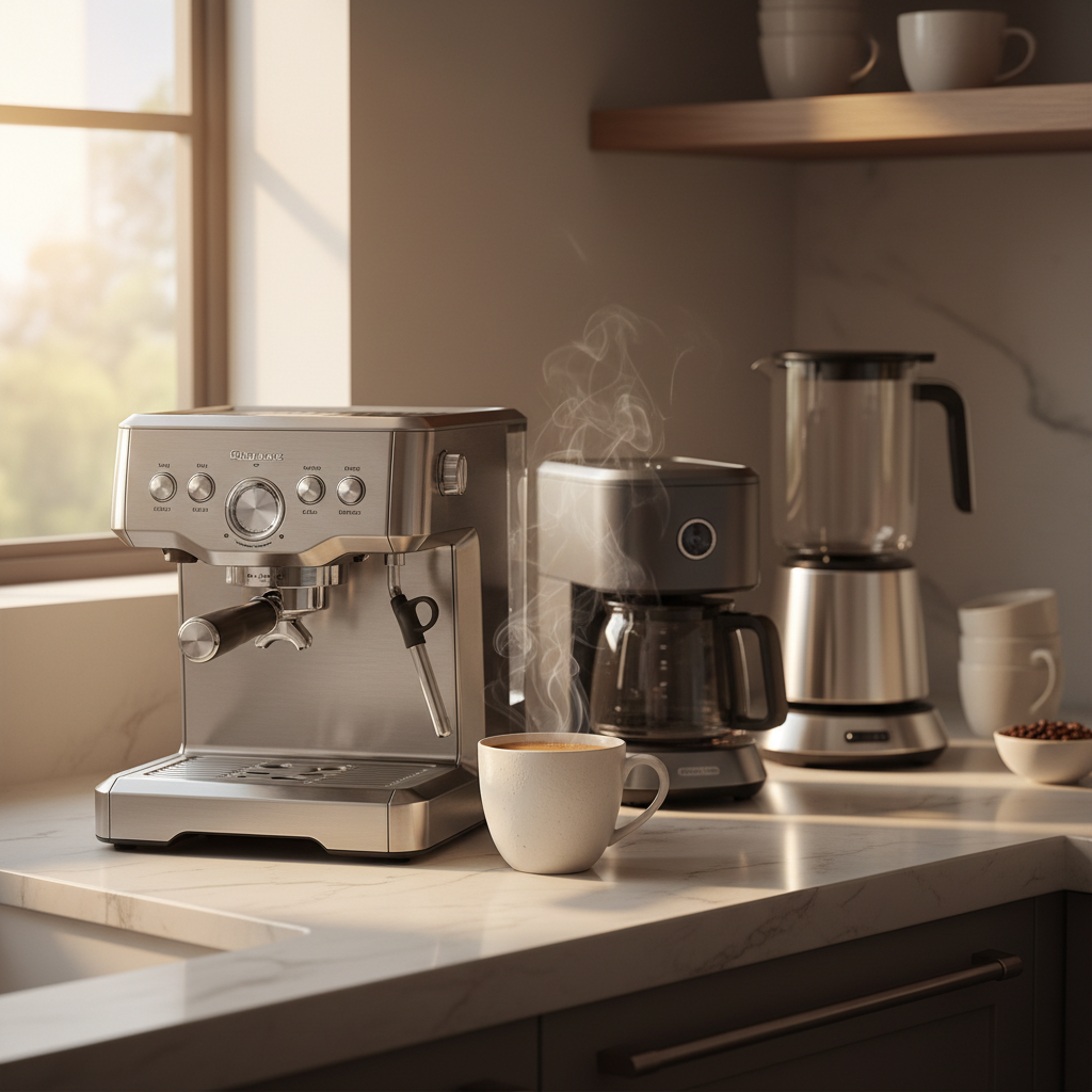 A diverse array of coffee machines on a kitchen counter, showcasing different types like drip, espresso, and single-serve, bathed in warm morning light, with a steaming cup of coffee in the foreground.