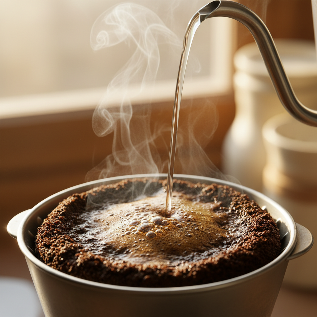 Close-up of coffee grounds blooming in a drip coffee filter or French Press, with hot water gently poured over them, showing bubbles escaping.