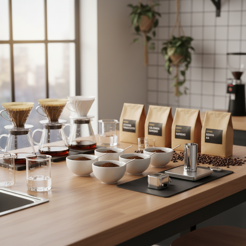 A clean, modern coffee lab setup with multiple pour-over drippers, various bags of specialty coffee beans, cupping bowls, and a refractometer on a workbench, suggesting a meticulous testing environment.