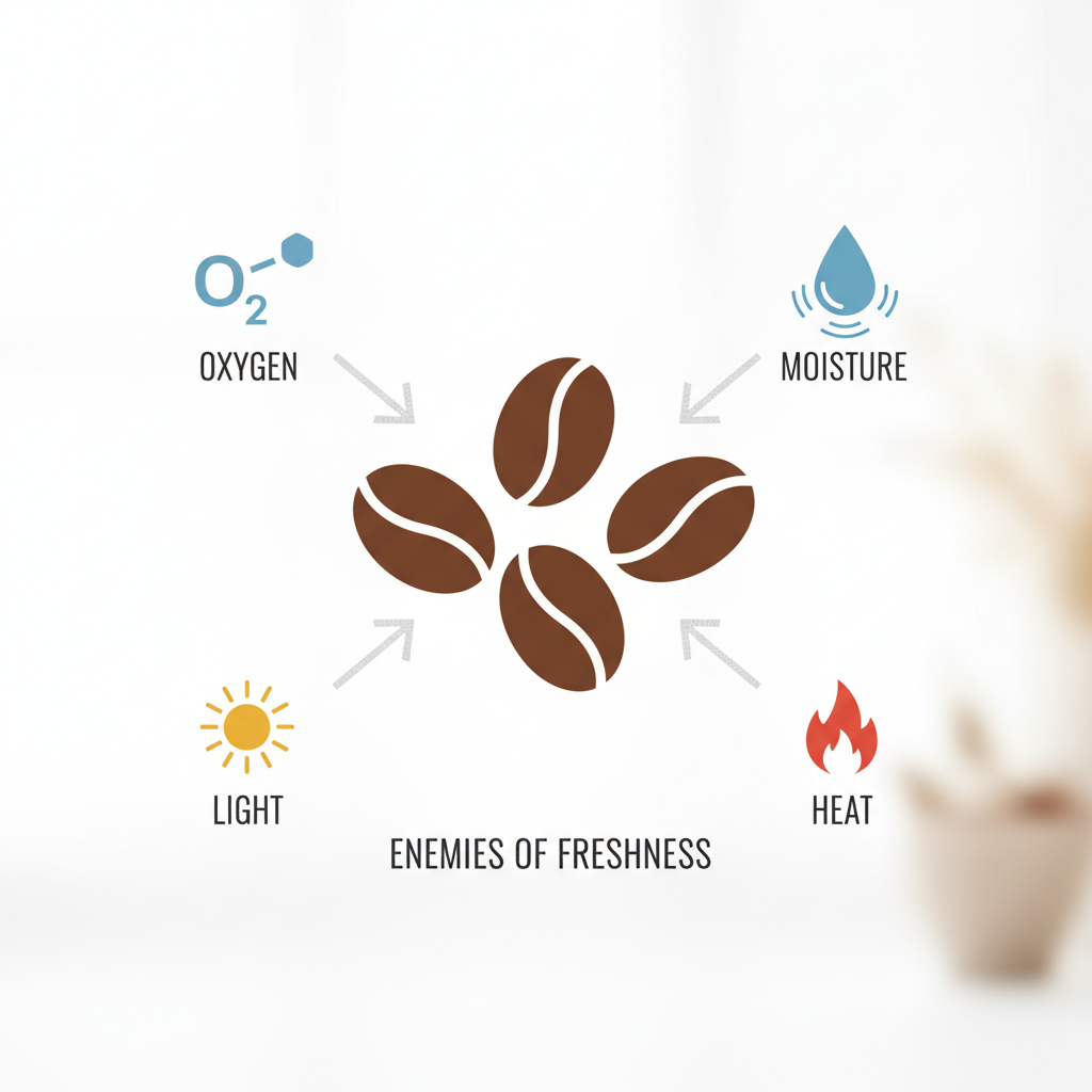 Graphic illustrating the four enemies of coffee freshness: oxygen, moisture, light, and heat, with icons representing each element impacting coffee beans.