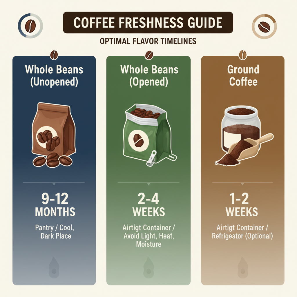 An infographic summarizing the shelf life of different types of coffee storage: whole beans unopened, whole beans opened, and ground coffee.