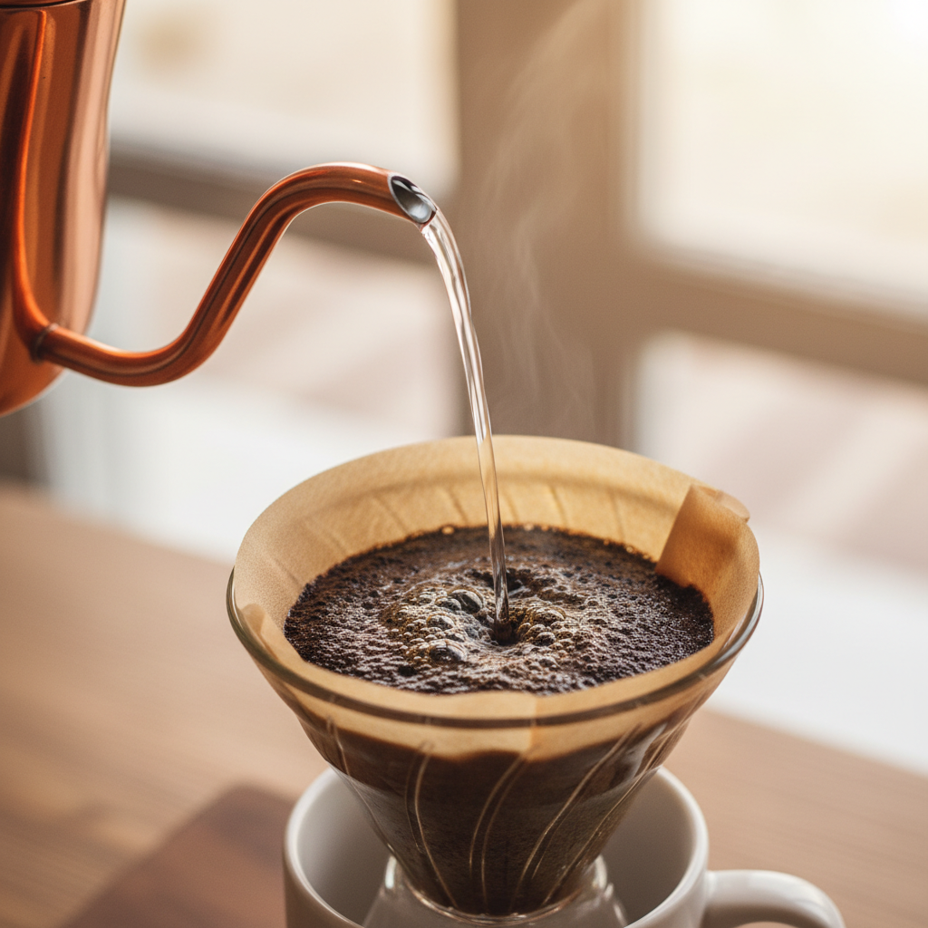 A close-up of clear water being poured into a coffee brewer, with coffee grounds visible, emphasizing the purity and importance of water in coffee making.