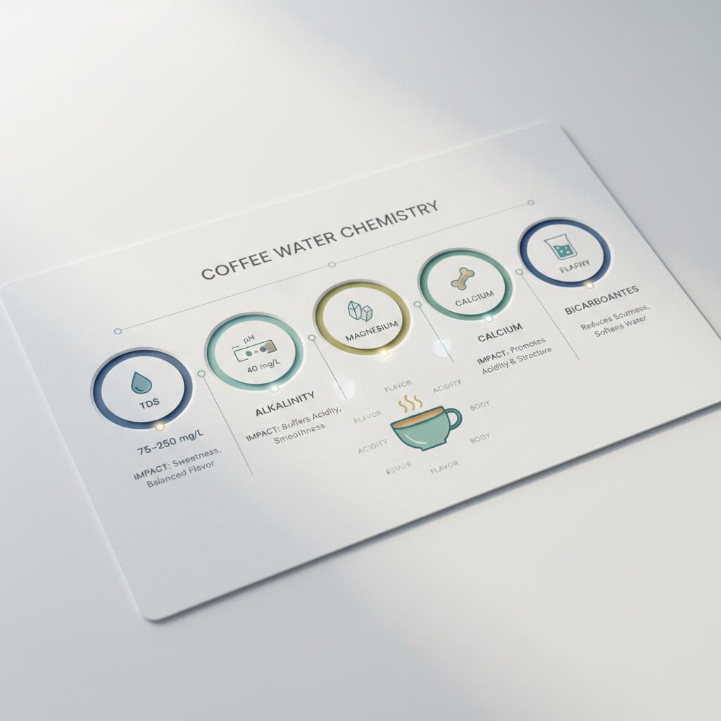 An infographic illustrating key water chemistry parameters like TDS, alkalinity, and mineral content, with arrows pointing to their respective impacts on coffee flavor.