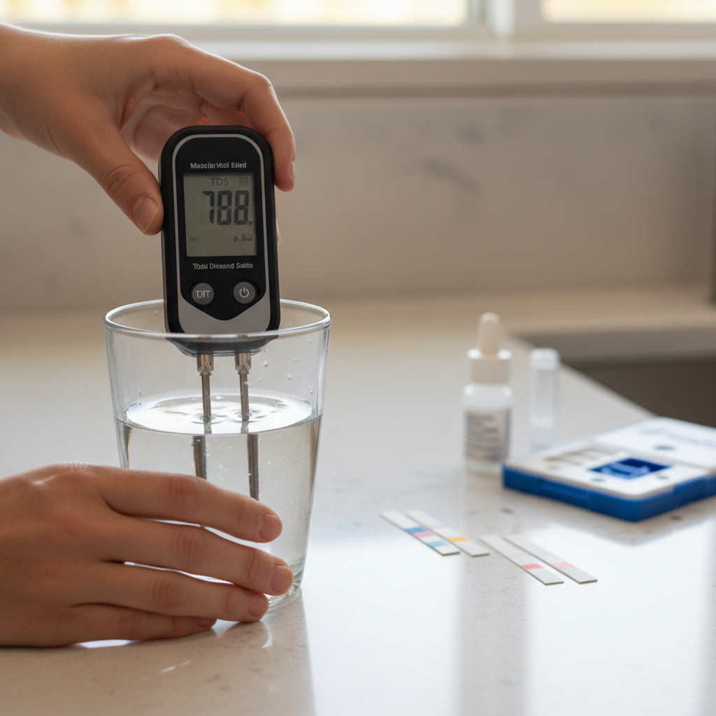 A home barista using a TDS meter to test a glass of tap water, with other testing strips visible on the counter, emphasizing home water analysis.