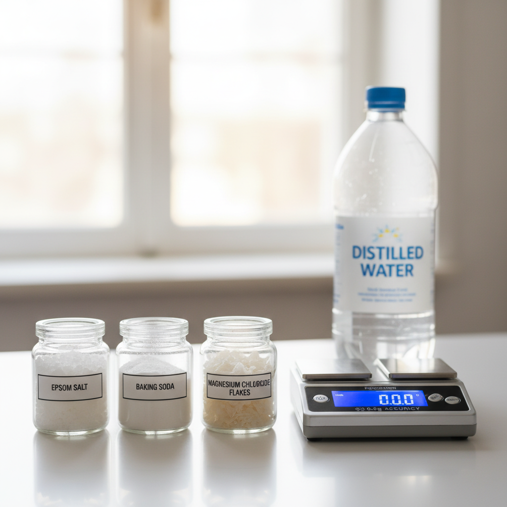 A close-up of various mineral salts (Epsom salt, baking soda) neatly arranged with a precision scale and a container of distilled water, ready for DIY water blending.