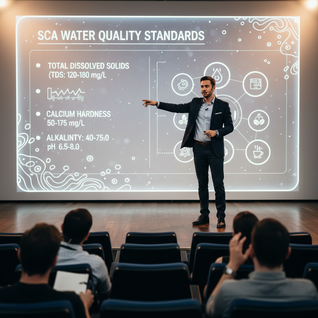 A professional coffee expert presenting data and insights on water chemistry for coffee brewing at a conference, with a slide showing SCA water standards.