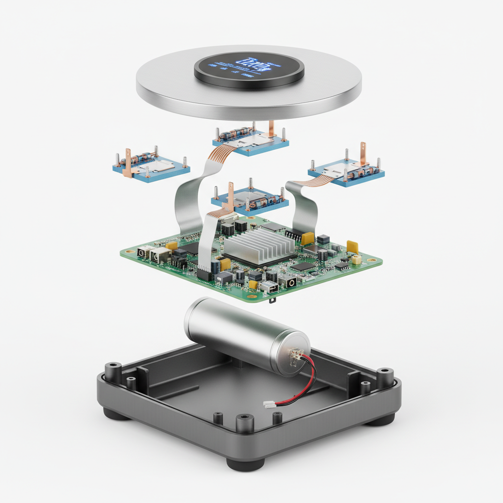 An exploded view diagram showcasing the internal components of a high-precision coffee scale, highlighting its advanced sensors, circuit board, and sturdy build materials, technical drawing, clean design, white background, high detail