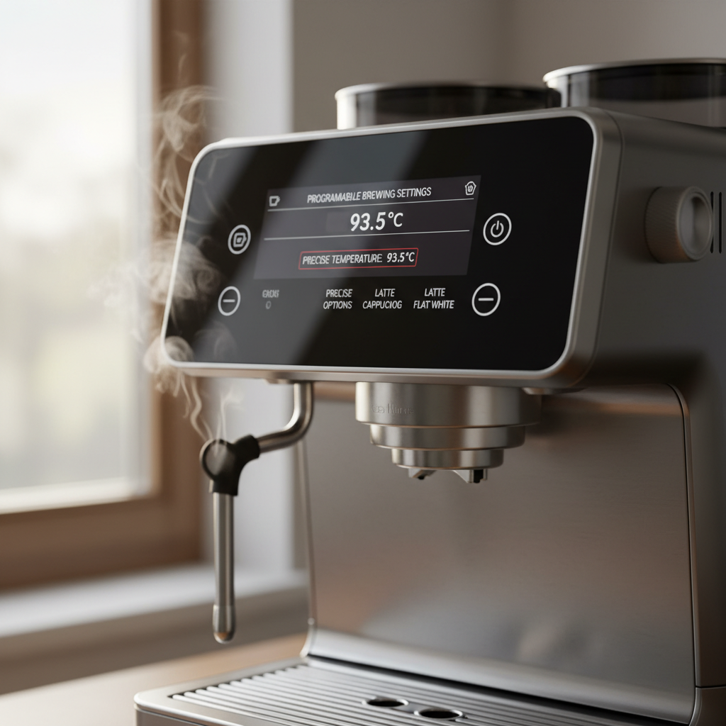 A close-up shot of an advanced espresso machine's control panel, showing programmable settings, temperature display, and milk frothing options, with steam rising from the wand.