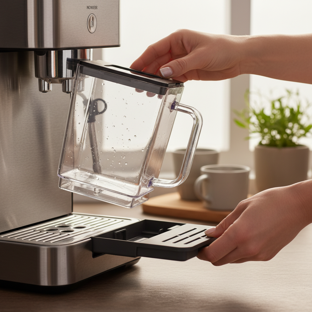 Hands demonstrating the easy removal of a coffee machine's water reservoir and drip tray for cleaning, highlighting user-friendly design.