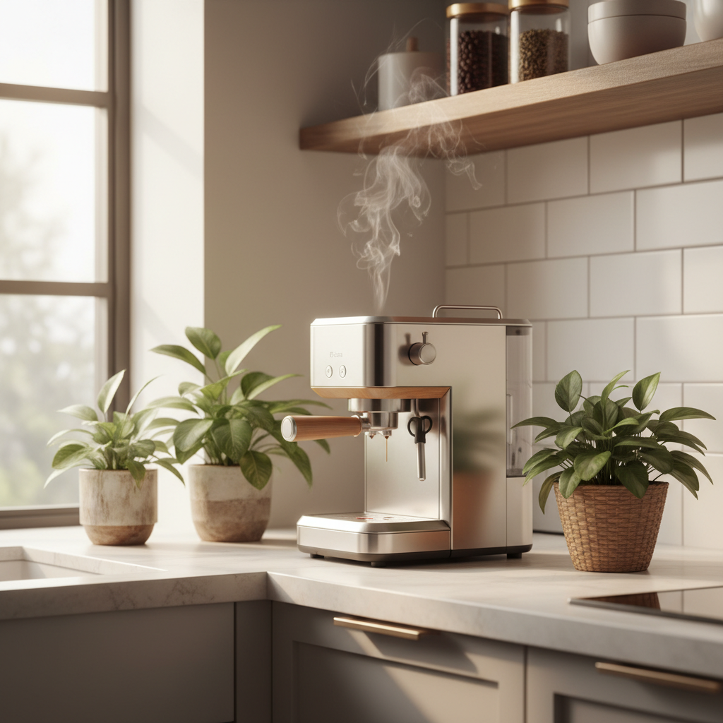 A minimalist, modern kitchen counter with a sustainable coffee machine brewing, surrounded by potted plants and natural light.