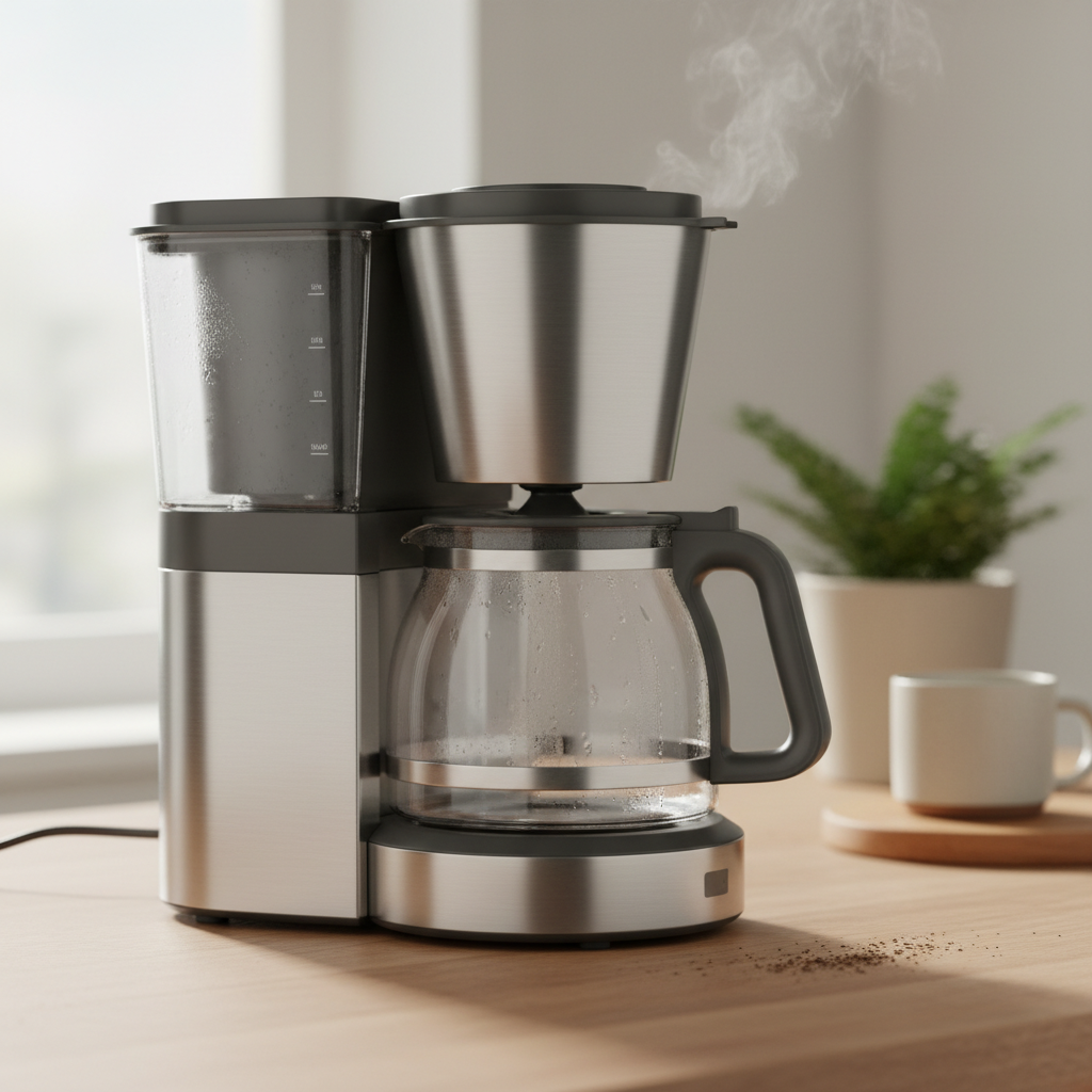 A close-up shot of an eco-friendly automatic drip coffee maker on a wooden counter, highlighting its minimalist design and durable materials like stainless steel and glass.