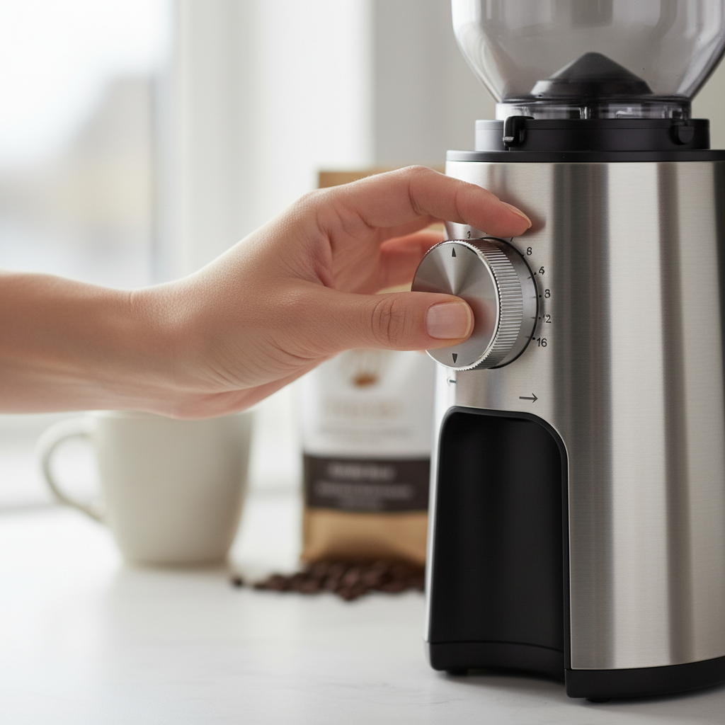 A close-up of a hand adjusting the grind setting on a burr coffee grinder, demonstrating the fine control needed for pour over.