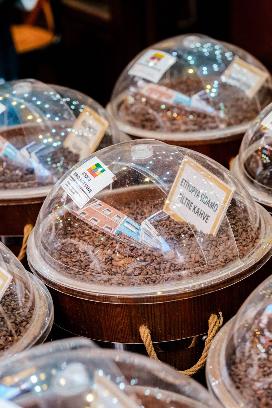 A diverse collection of specialty coffee beans in different roasts and origins, laid out on a rustic wooden table with small labels indicating origin and flavor notes. Bright, natural light illuminates the scene.