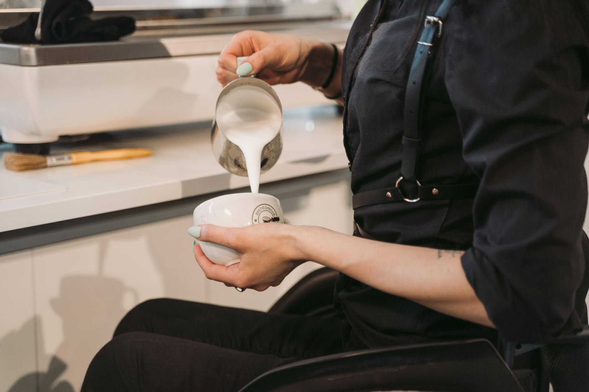 A coffee machine sparkling clean after descaling, with a fresh cup of coffee being brewed, highlighting the perfect flow and clarity.
